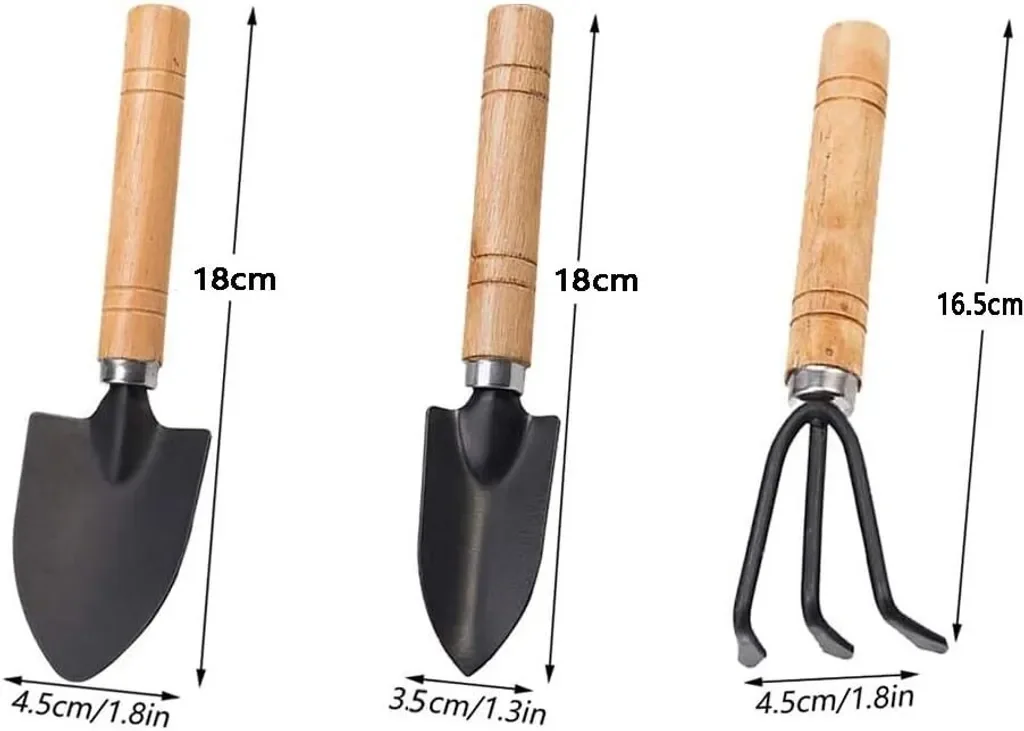 Zimtky Mini Gartenset 3 Stück Schaufel Spaten Rechen Bonsai Holzgriff
