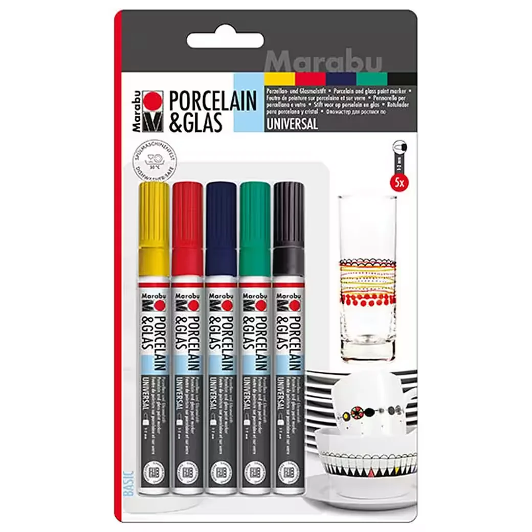 MARABU Porcelain und Glas Painter 1 bis 2 mm Basic Set 5 Farben