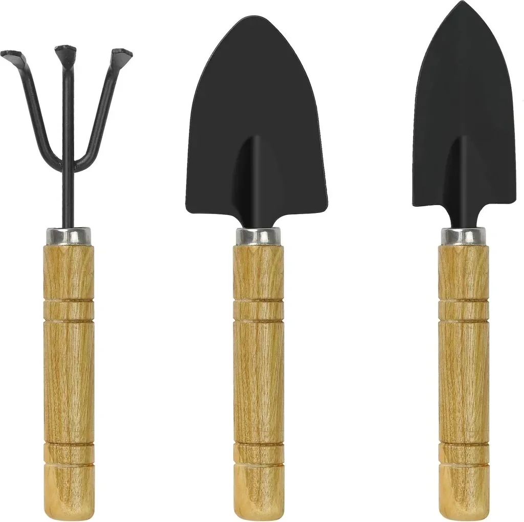 Zimtky Mini Gartenset 3 Stück Schaufel Spaten Rechen Bonsai Holzgriff