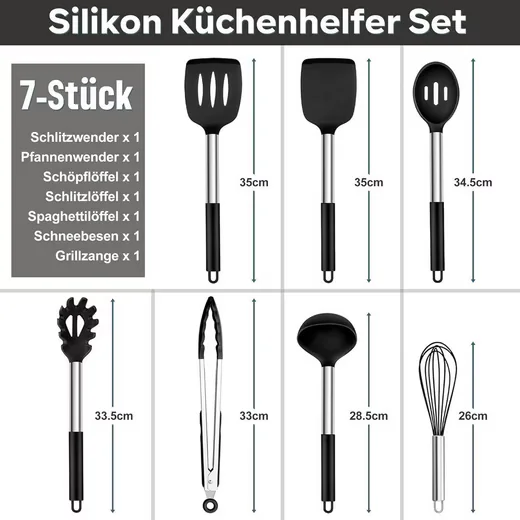 LUXUSKOLLEKTION Kochbesteck-Set 7-tlg. Antihaft Silikon Edelstahl