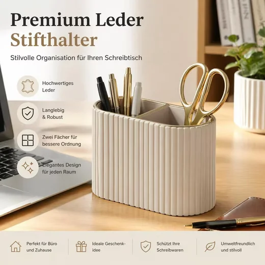 FELIXLEO Stiftehalter Organizer oval PU Leder 2 Fächer Beige