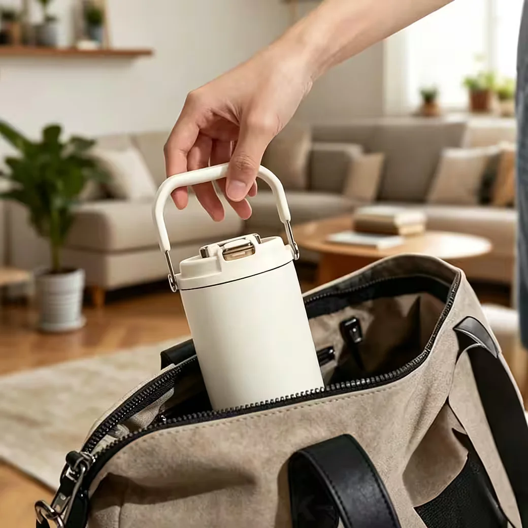 OSTWOLKE Isolierflasche Thermobecher mit Strohhalm und Henkel