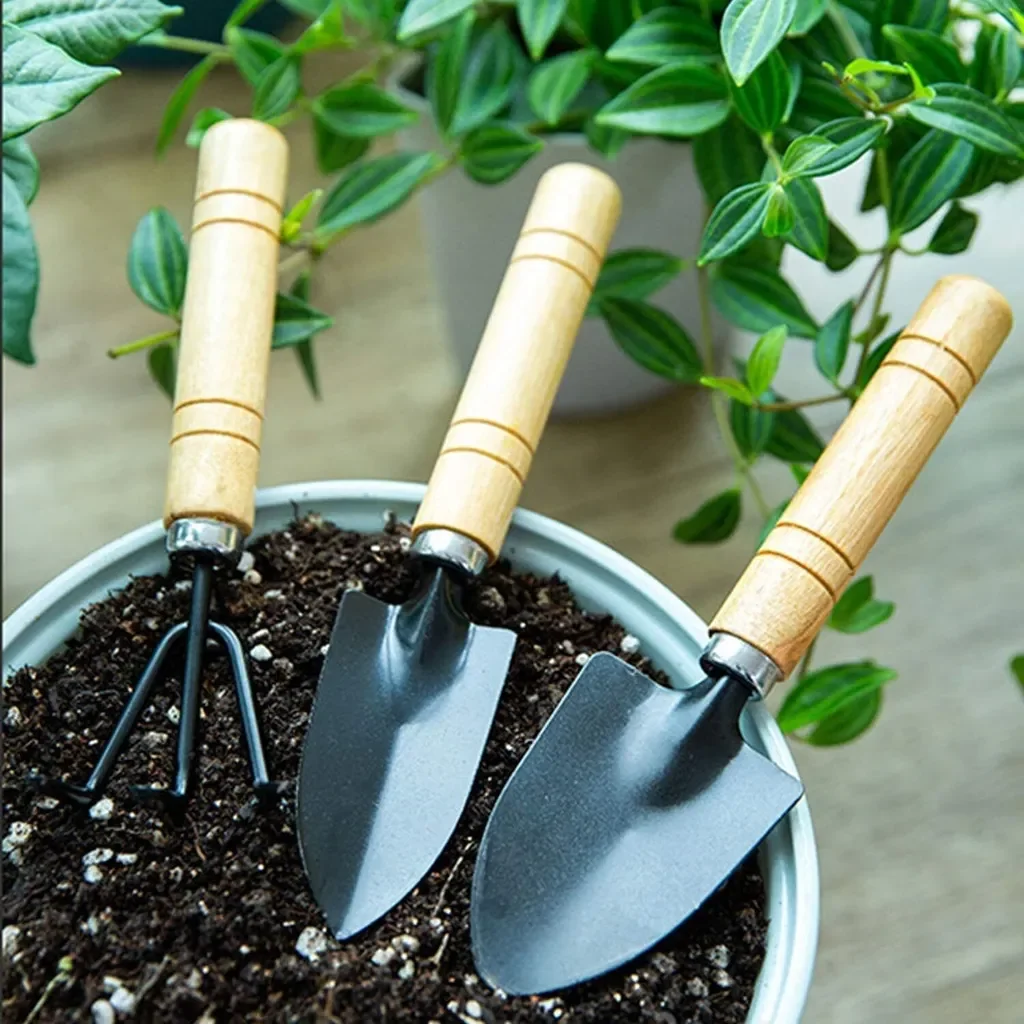 Zimtky Mini Gartenset 3 Stück Schaufel Spaten Rechen Bonsai Holzgriff