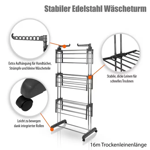 BIGDEAN Wäscheständer Turm 3 Ebenen, 4 Rollen, grau