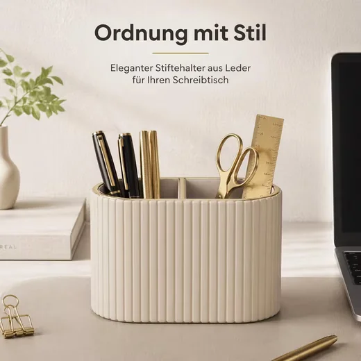 FELIXLEO Stiftehalter Organizer oval PU Leder 2 Fächer Beige
