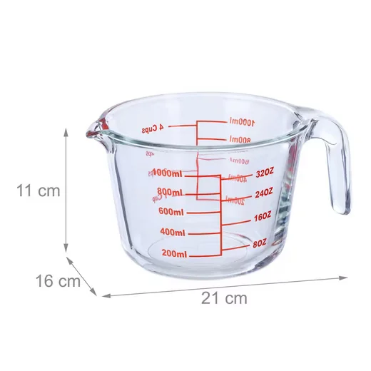 Relaxdays Messbecher Glas 1 Liter Küchenmessbecher