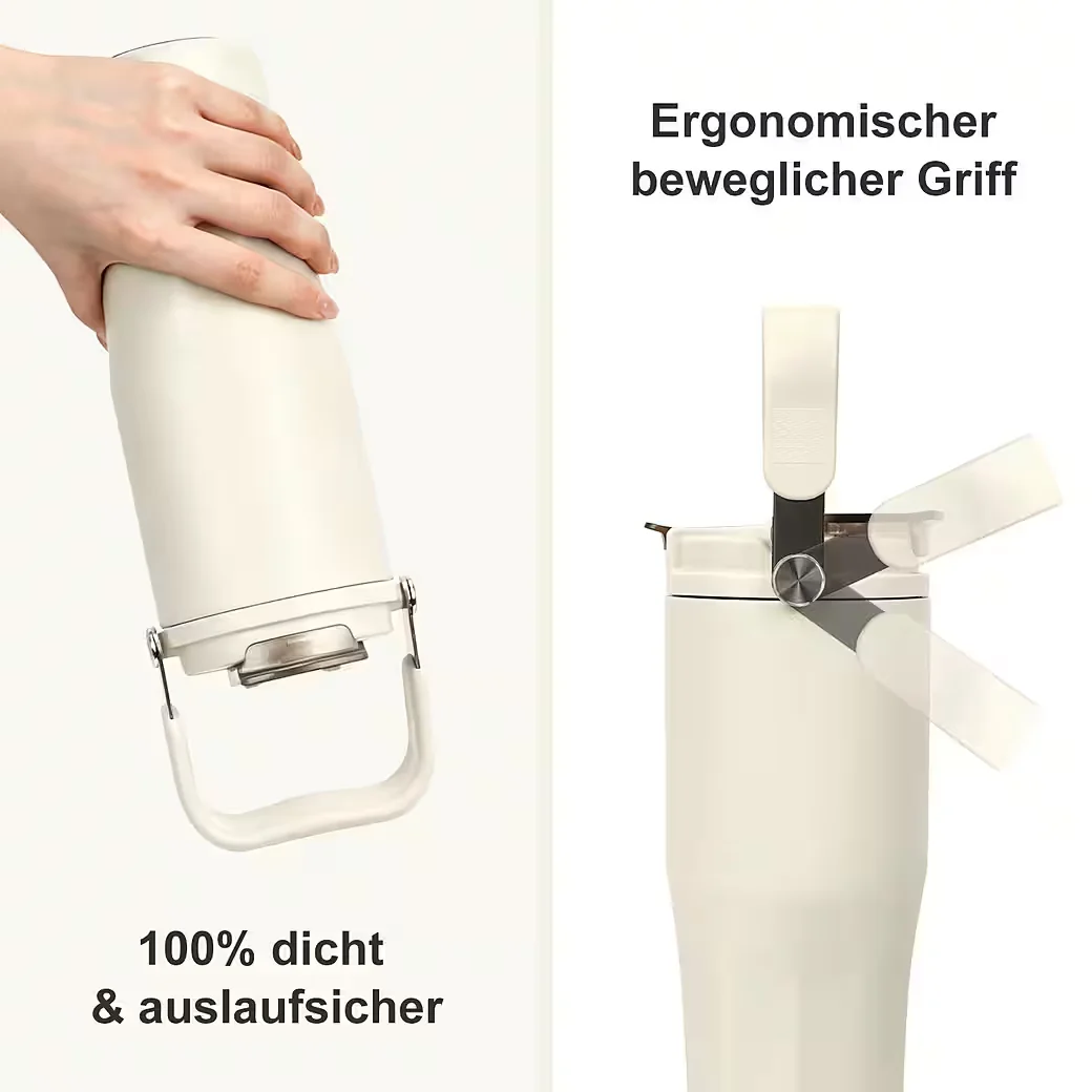 OSTWOLKE Isolierflasche Thermobecher mit Strohhalm und Henkel