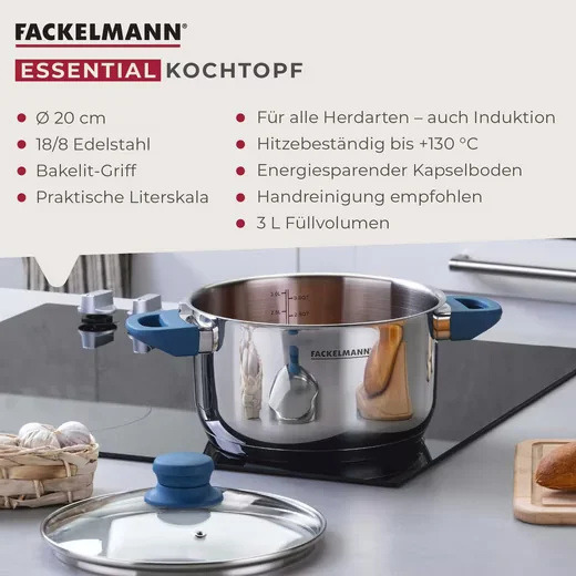 Fackelmann Kochtopf aus Edelstahl mit Glasdeckel