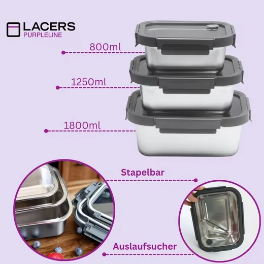 LACERS PurpleLine Edelstahl Vorratsdosen-Set 6-tlg. mit Glasdeckeln