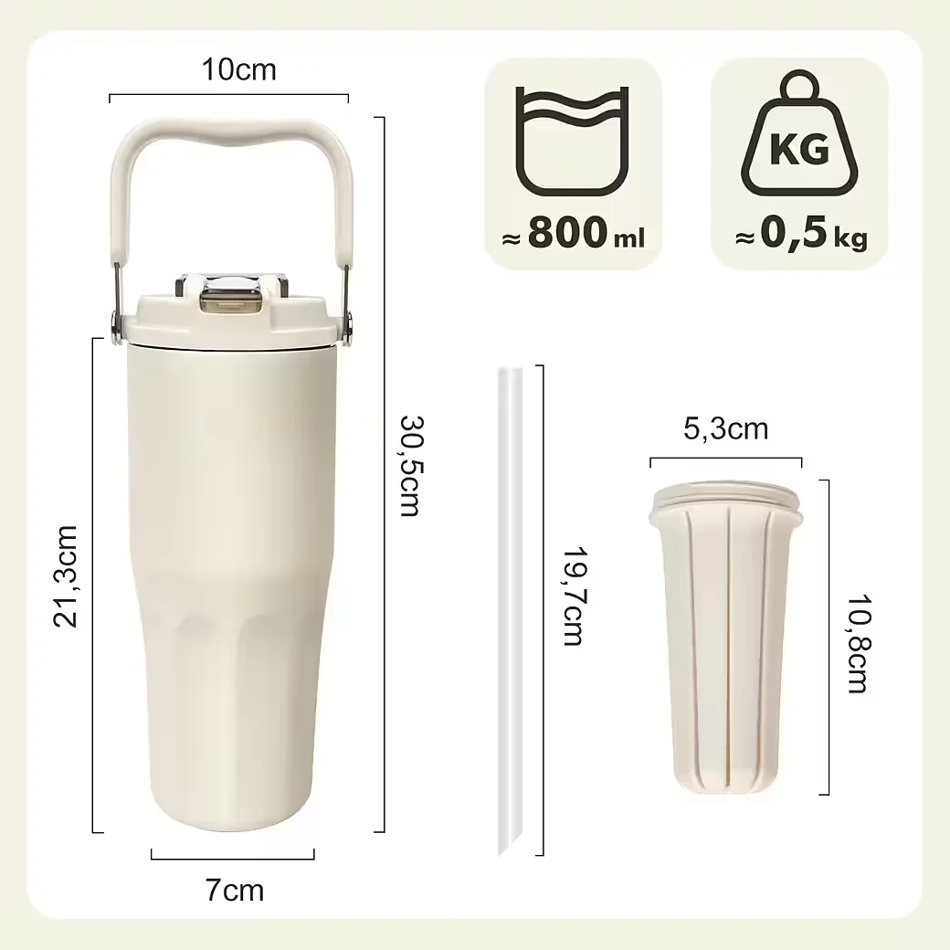 OSTWOLKE Isolierflasche Thermobecher mit Strohhalm und Henkel