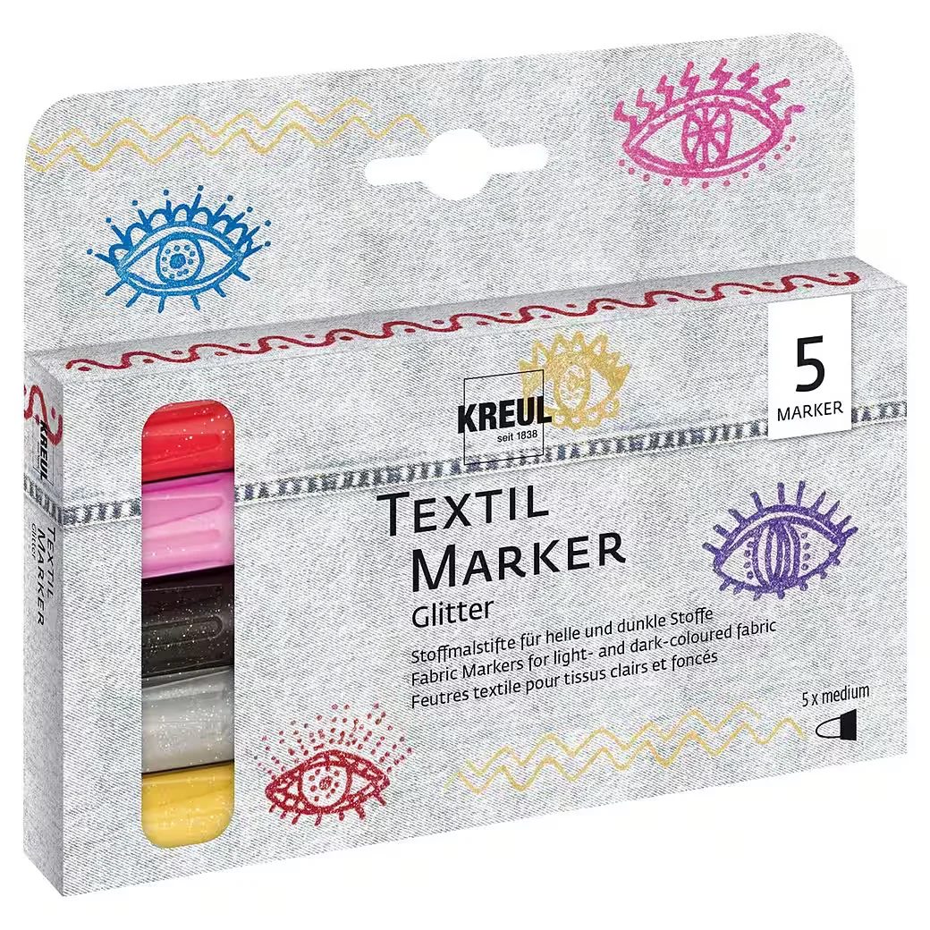 KREUL Textilmarker Glitter Medium 2-4 mm, 5er Set im Kartonetui