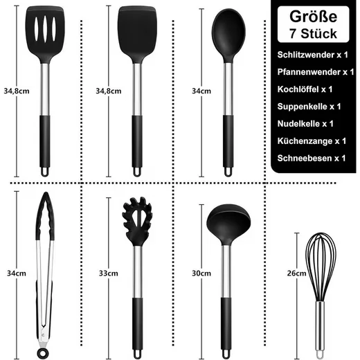 LUXUSKOLLEKTION Kochbesteck Set 7 teilig Silikon schwarz antihaft