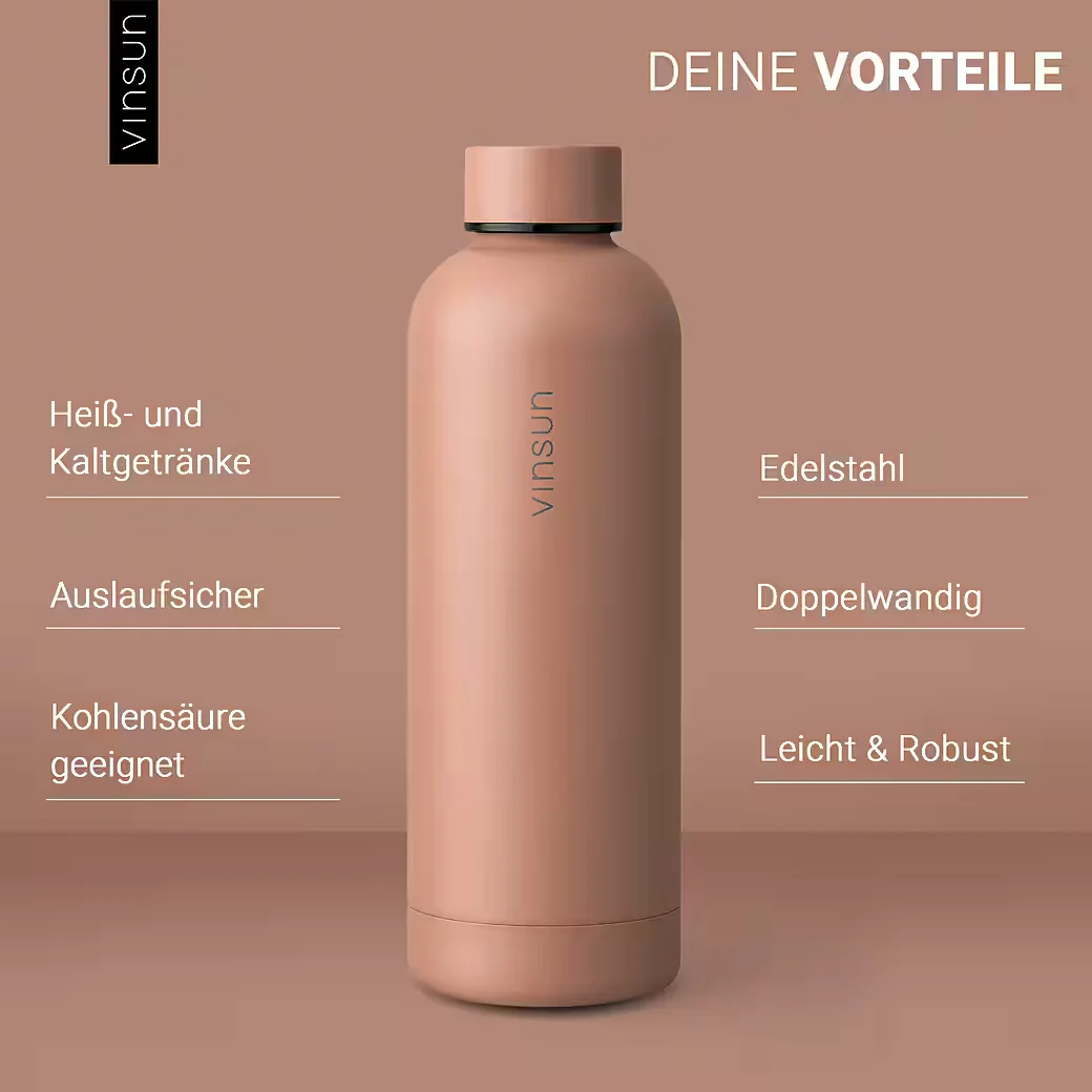 VINSUN Isolierflasche Edelstahl 500 ml kohlensäurefest BPA frei