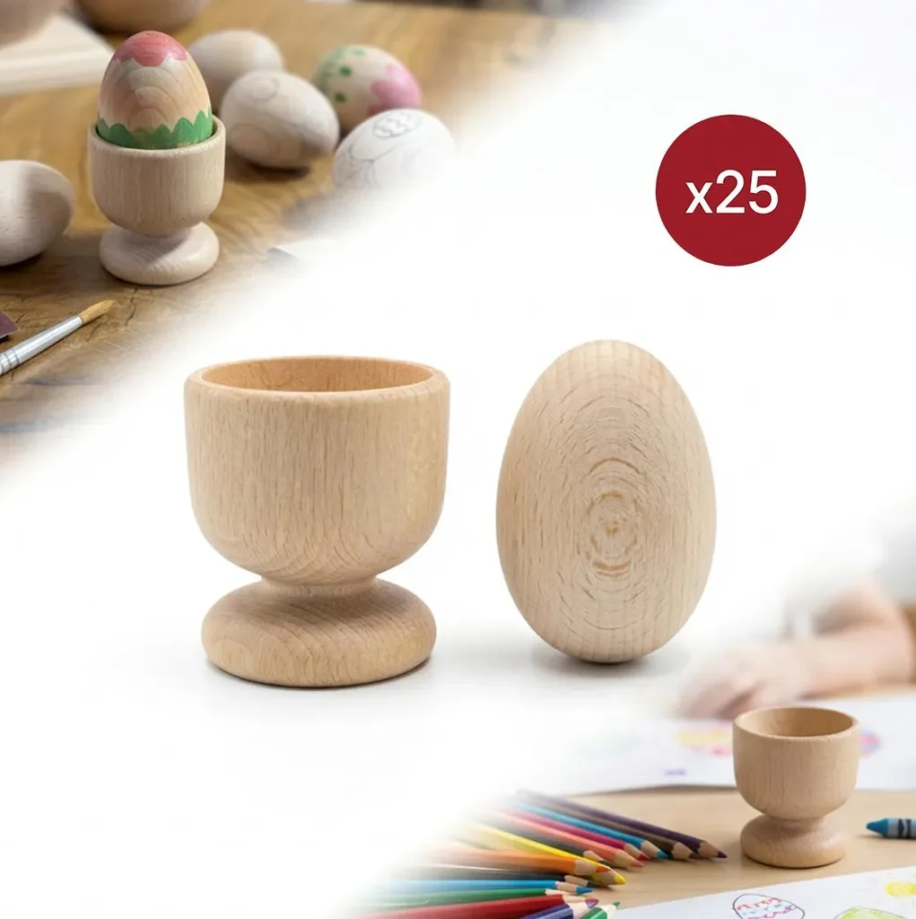 PEEWIT Set 25 Holzbecher und Buchenholz Eier für Kinder DIY Basteln