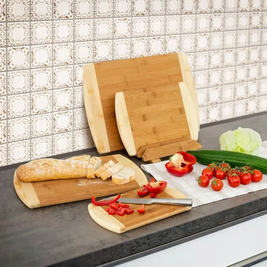 Relaxdays Schneidebretter Bambus 4er Set mit Ständer
