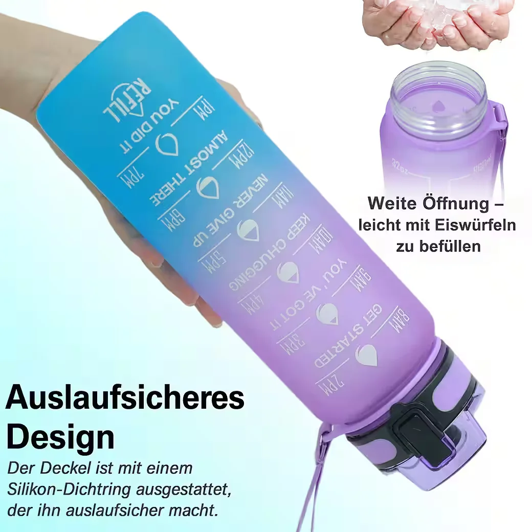 CHICFURN Trinkflasche 946 ml Tritan BPA-frei Strohhalm Zeitskala