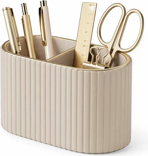 FELIXLEO Stiftehalter Organizer oval PU Leder 2 Fächer Beige