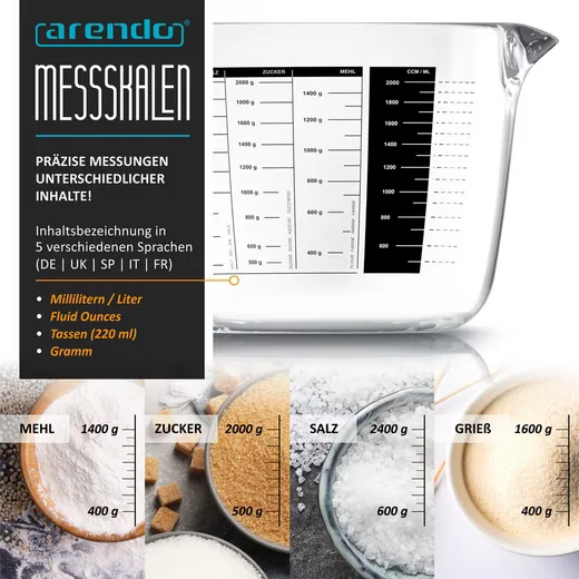 Arendo Messbecher Messkrug Set 2000 ml Borosilikatglas hitzebeständig