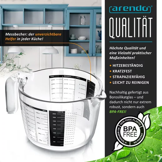 Arendo Messbecher Messkrug Set 2000 ml Borosilikatglas hitzebeständig