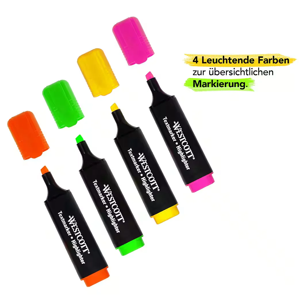 WESTCOTT Textmarker Set 4 Stück Highlighter in 4 leuchtenden Farben