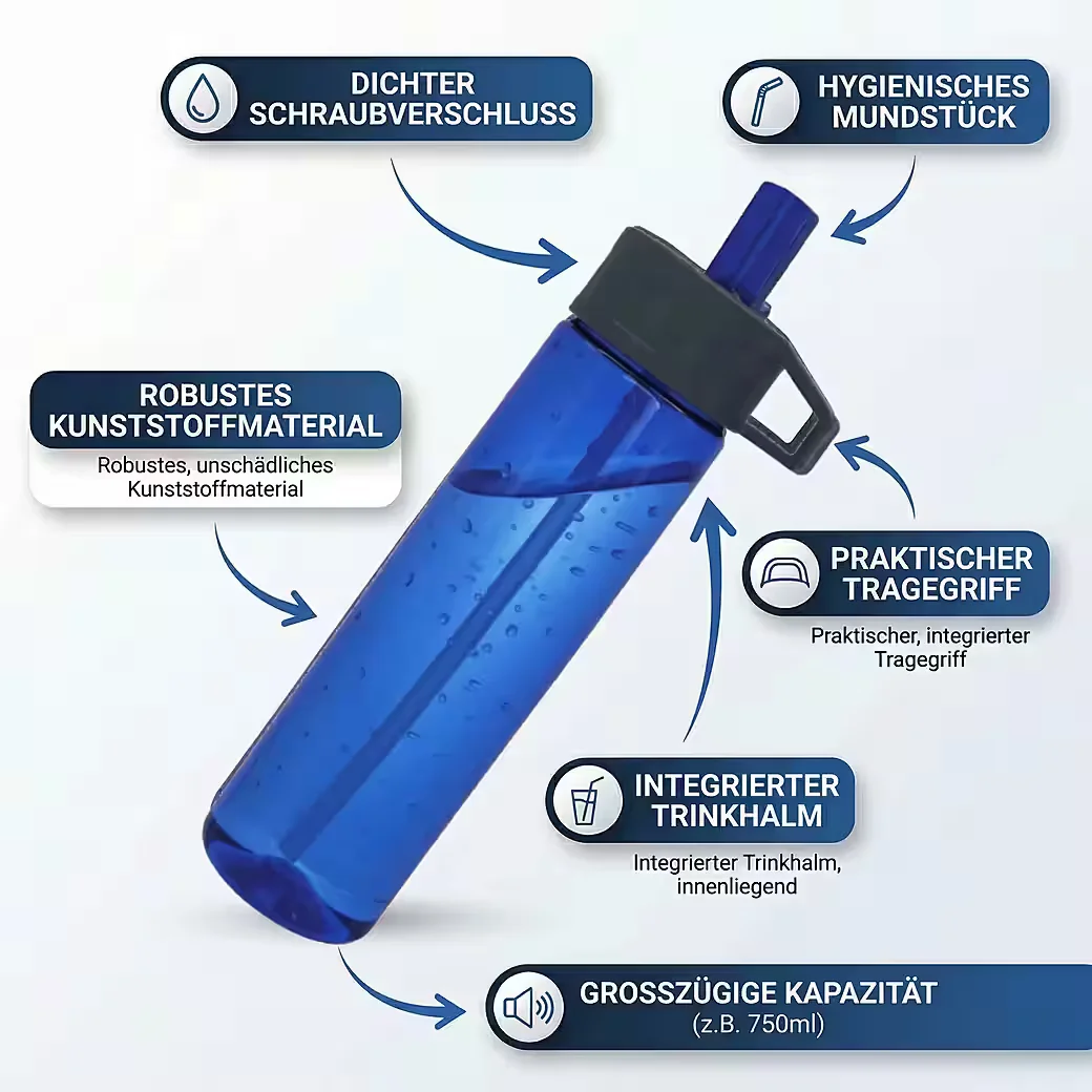 NORSKSKIN Trinkflasche 750 ml mit Trinkhalm, Klappverschluss, BPA-frei