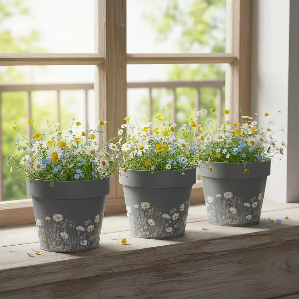 Viana Übertopf Metall-Blumentopf mit Wiesenblumen, 3er-Set Balkon