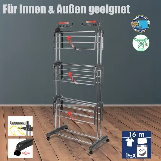 BIGDEAN Wäscheständer Turm 3 Ebenen, 4 Rollen, grau